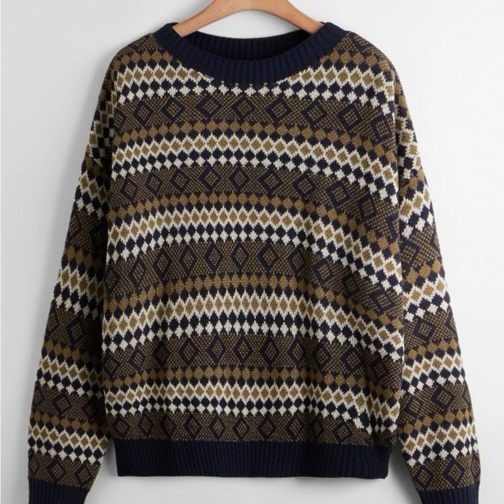 Drop Shoulder Argyle Pattern Sweater